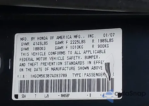 2007 Honda Accord 2.4 Se from USA, damaged, VIN 1HGCM56387A093789